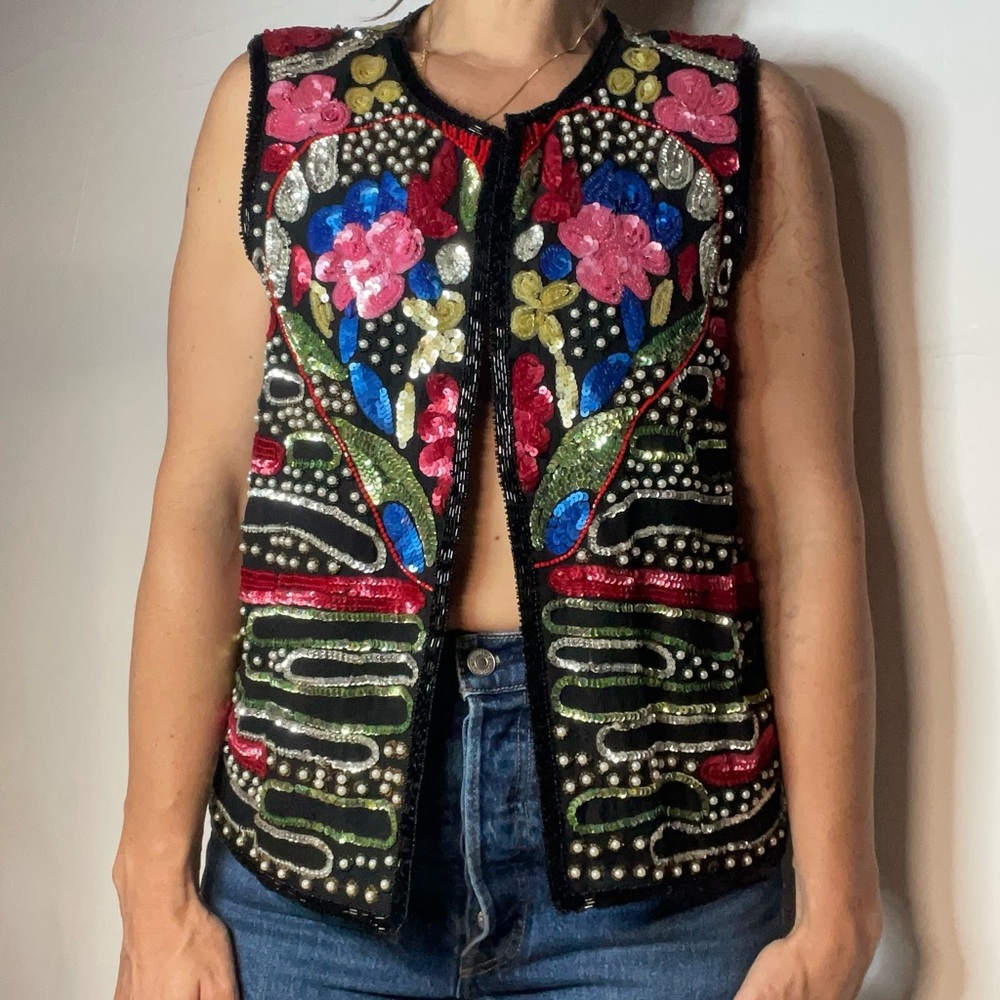 Vintage Silk Floral Fully Beaded and Sequined Vest - Picture 3 of 10